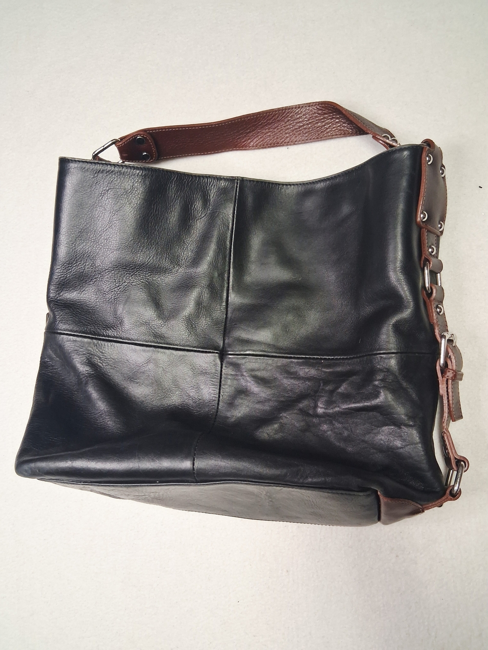 Women's Black Leather Shoulder Bag with Brown Strap